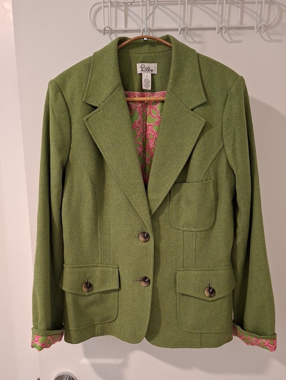 Lilly Pulitzer Green Wool Single-breasted Blazer w/ Pink Lining (Size US 10)